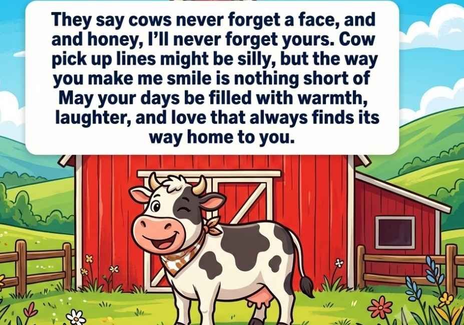 "Bold cow pick up lines poster with a smiling cow, red barn, and blue sky farmhouse design"