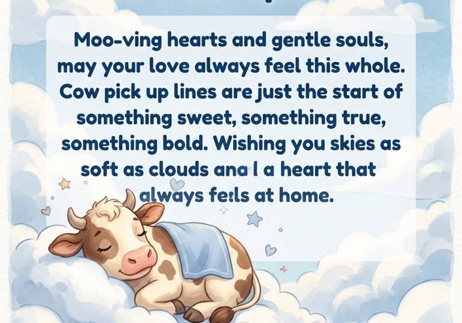 "Dreamy cow pick up lines blessing card with a cow resting on soft clouds in a blue sky"