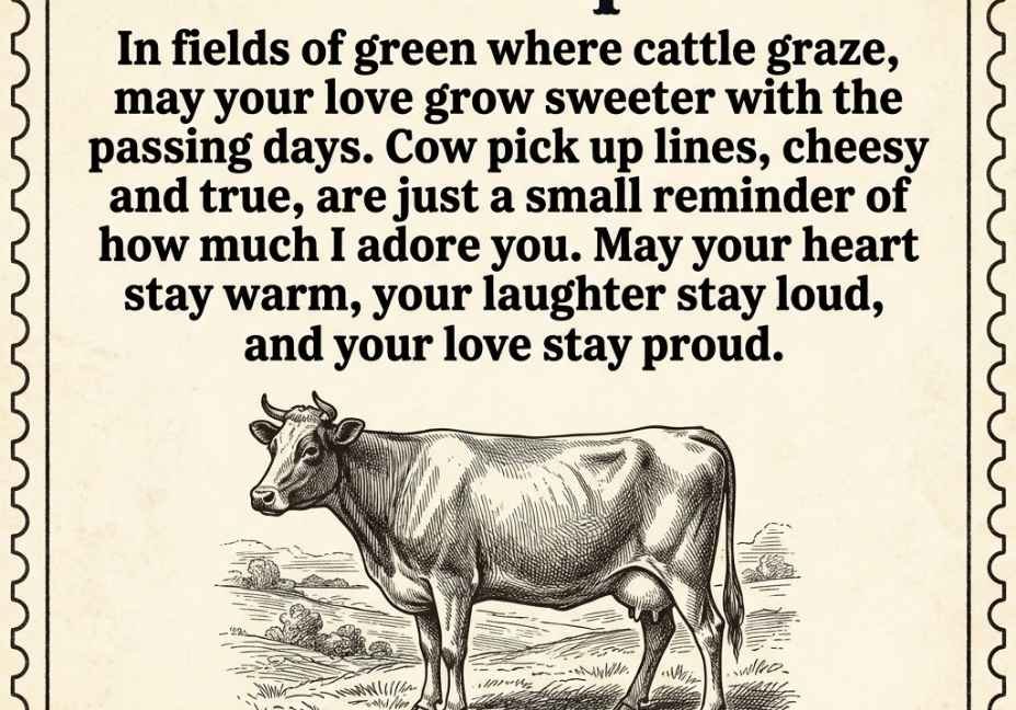 Vintage-style cow pick up lines quote card with engraved cow illustration and cream background"
