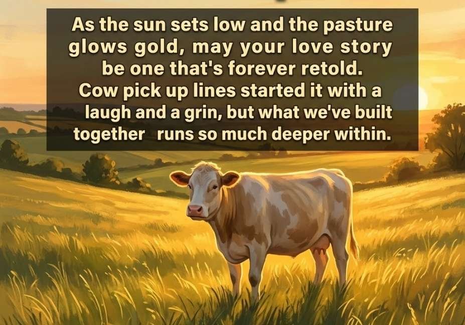 "Cow pick up lines blessing at golden hour in a countryside field with a content cow"