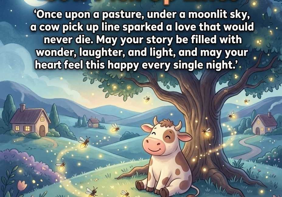 Whimsical cow pick up lines storybook card with a cow under an oak tree and glowing fireflies"