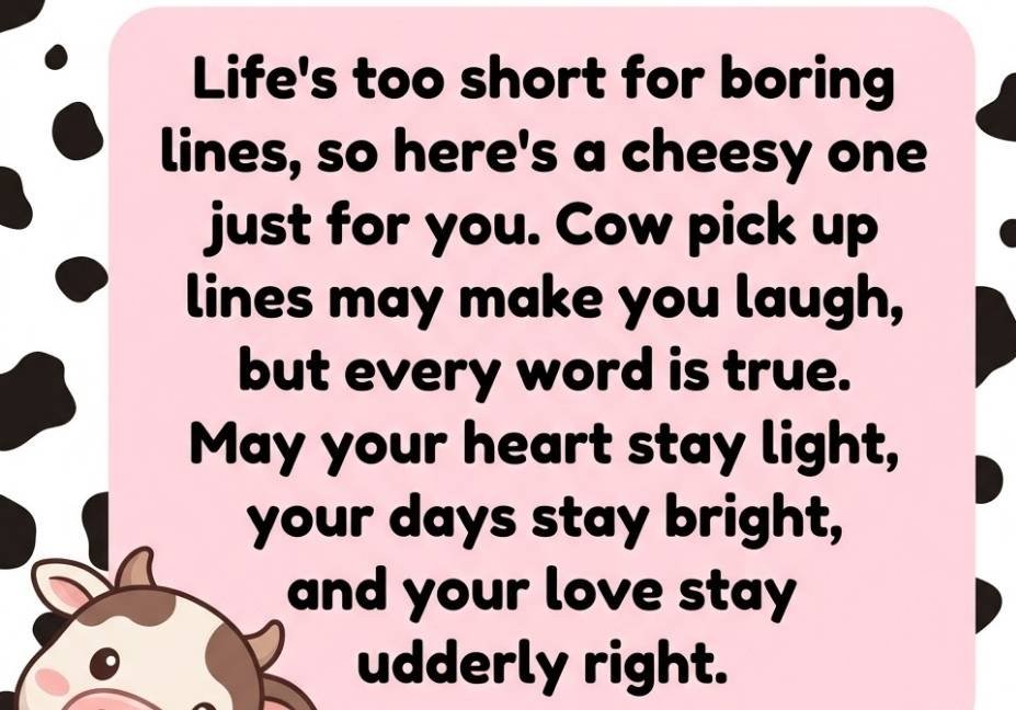 Playful cow pick up lines card with cow-print polka dot pattern and cute cow face design"