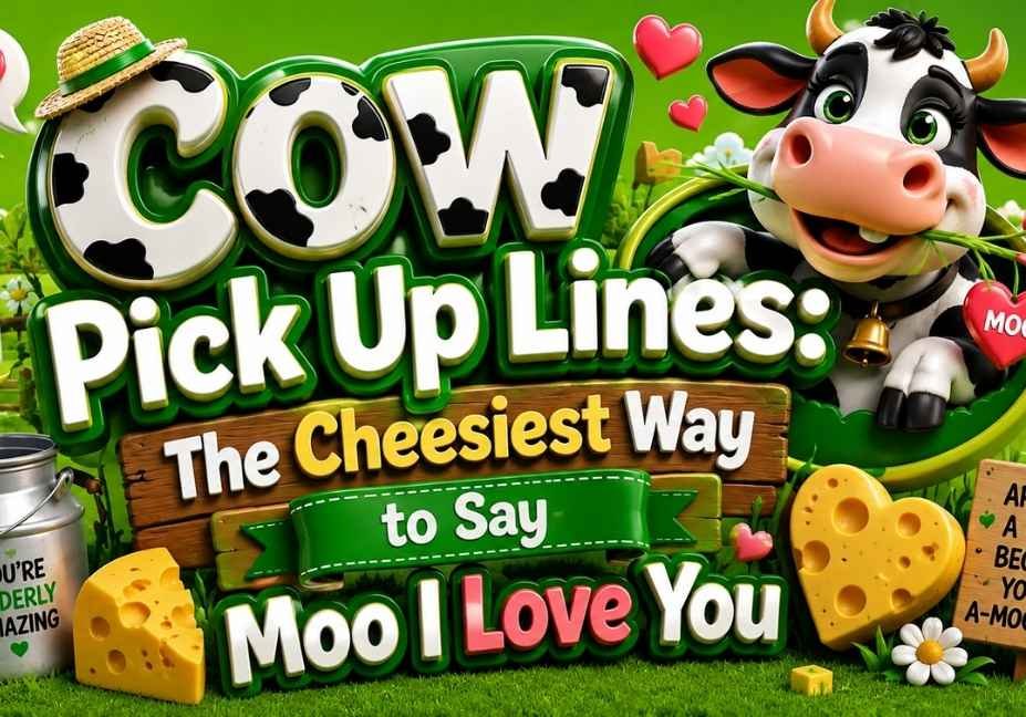 Colorful 3D grass green themed illustration for Cow Pick Up Lines: The Cheesiest Way to Say Moo I Love You, featuring a cute cartoon cow, cheese, hearts, milk, farm icons, barn, windmill, and bold 3D typography in a fun countryside setting