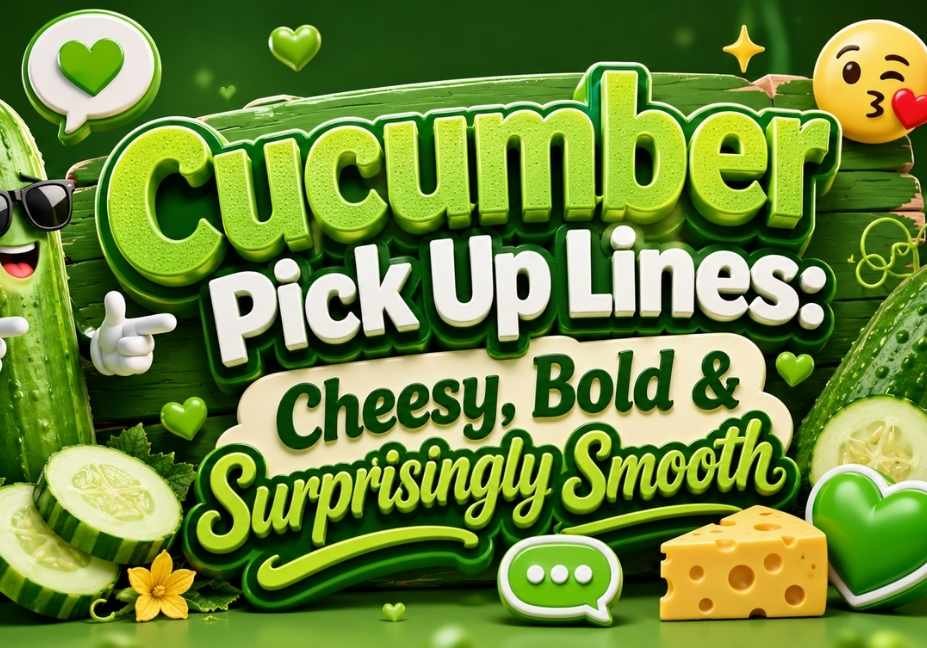 Cucumber pick up lines graphic featuring playful 3D cucumbers, hearts, chat icons, and bold green text reading “Cucumber Pick Up Lines: Cheesy, Bold & Surprisingly Smooth.”