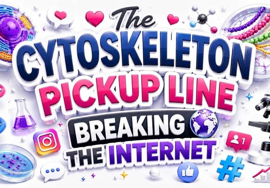 3D white-themed graphic featuring “The Cytoskeleton Pickup Line Breaking the Internet” text with DNA helix, cytoskeleton fibers, microscope, cell structures, molecular icons, hearts, social media symbols, and trending internet graphics on a bright white background.