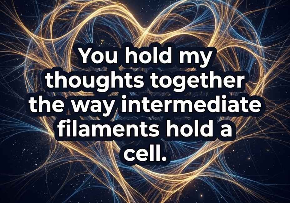 Abstract glowing cytoskeletal network forming a heart-like design with a Cytoskeleton Pickup Lines caption about deep connection.