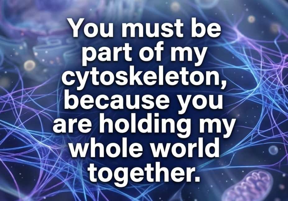 Glowing blue cytoskeleton filaments inside a cell paired with a romantic Cytoskeleton Pickup Lines quote about structure and connection.