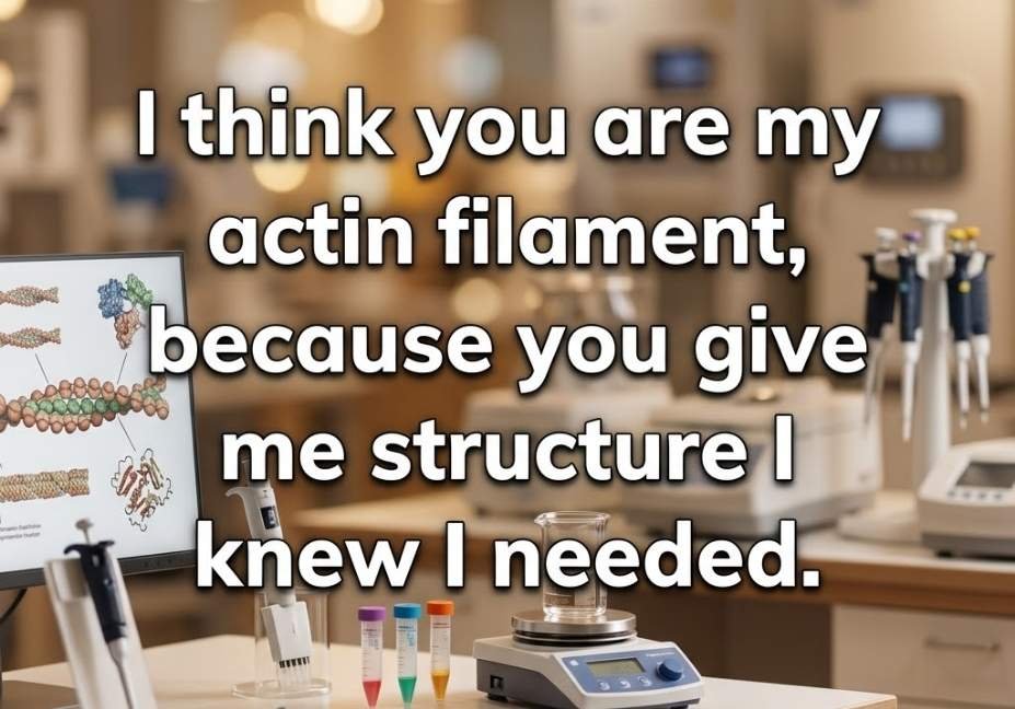 Warm science lab background featuring a sweet Cytoskeleton Pickup Lines caption about finding structure in someone new.