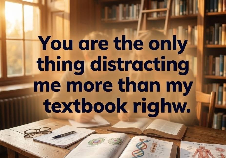 Warm library study scene featuring a cute Cytoskeleton Pickup Lines quote about distraction and attraction in college.