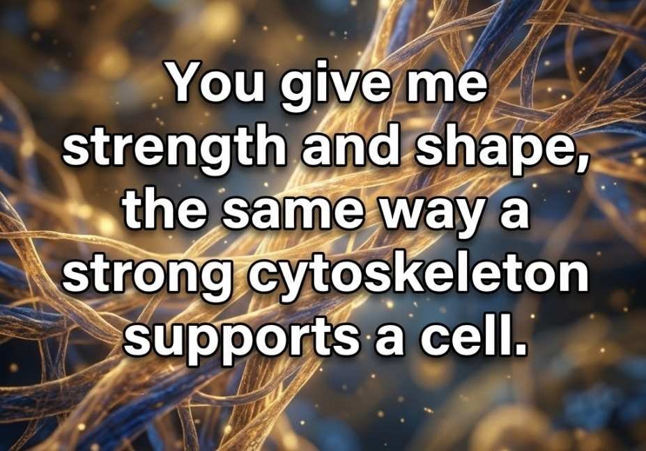 Glowing intermediate filament illustration with a romantic Cytoskeleton Pickup Lines caption about strength and support.