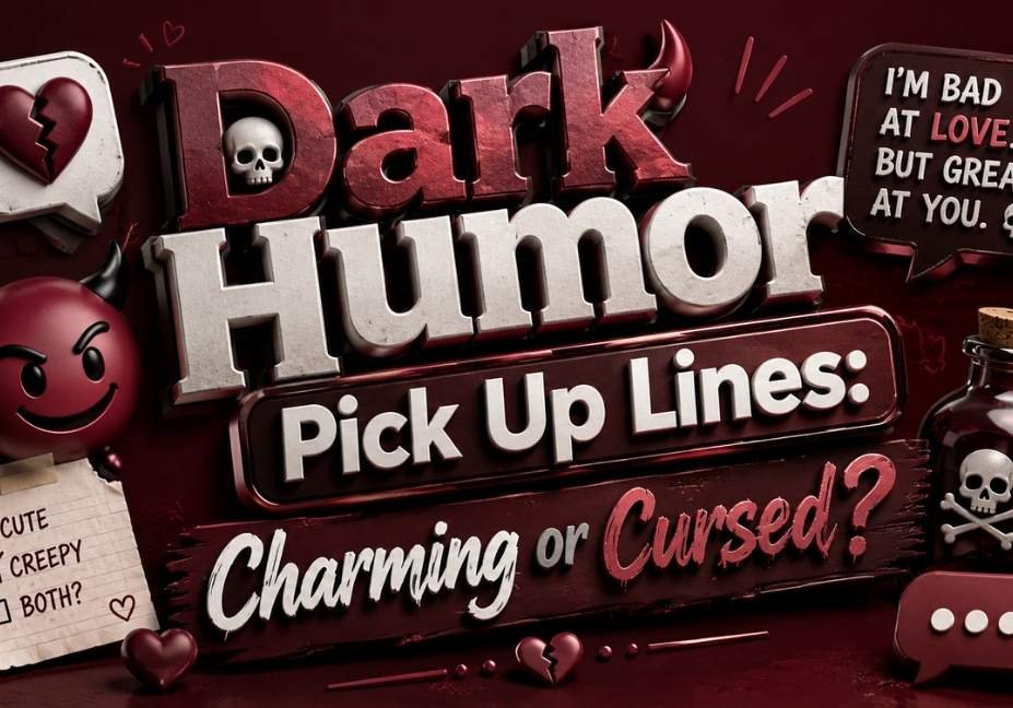 Maroon-themed 3D illustration for "Dark Humor Pick Up Lines: Charming or Cursed?" featuring bold typography, skull icons, devil emoji, broken heart, chat bubbles, and spooky romance elements.