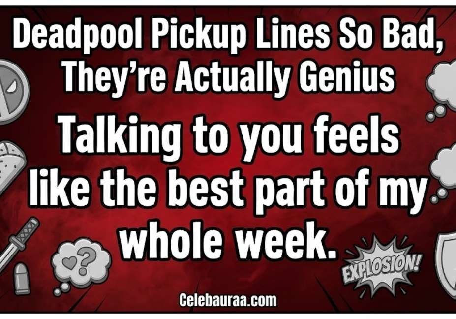 Comic-style graphic with Deadpool icons and text on a red background reading: 'Deadpool Pickup Lines So Bad, They’re Actually Genius' and 'Talking to you feels like the best part of my whole week.'