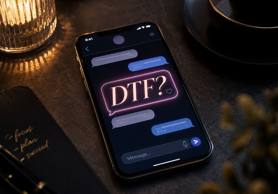 Smartphone glowing on a café table displaying a stylized "DTF?" text message at golden hour