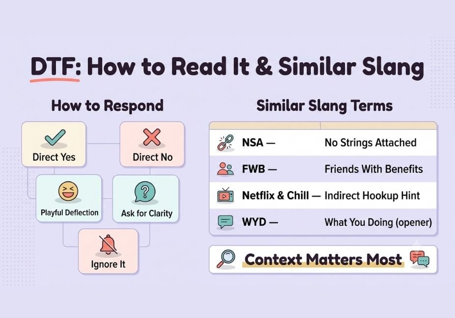 Infographic comparing DTF response options and similar dating slang terms like NSA, FWB, and WYD