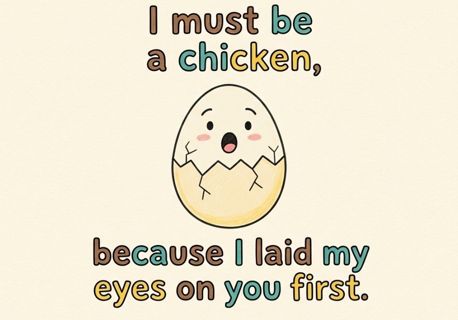 Funny egg pick up line image with surprised cracked egg illustration