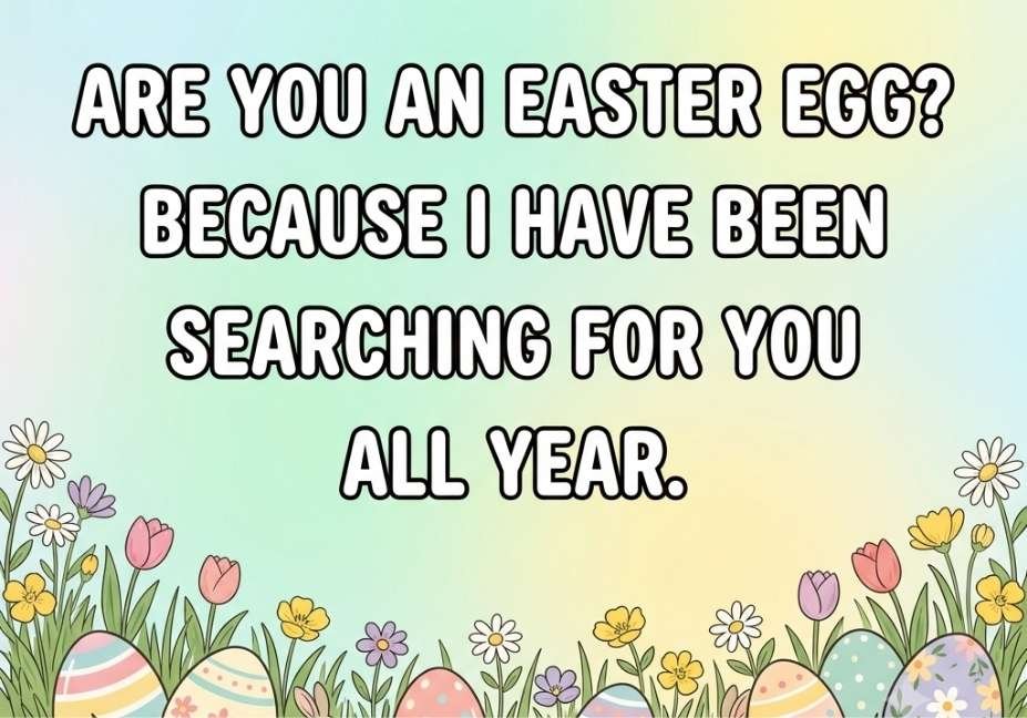 Easter egg pick up line image with pastel painted eggs and spring flowers
