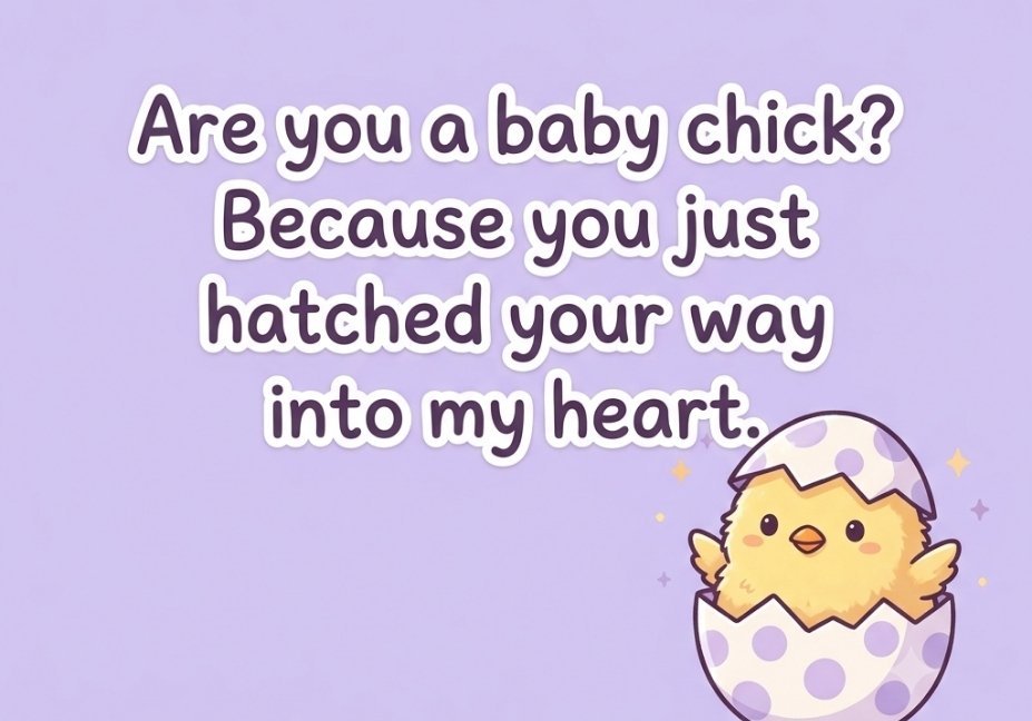 Cute egg pick up line image with baby chick hatching from egg