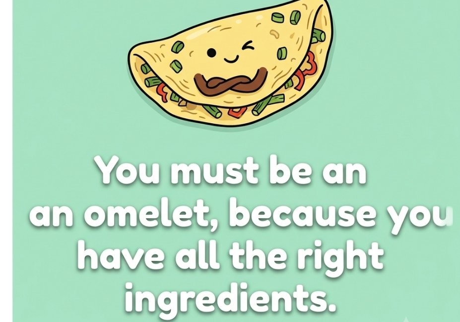 Cheesy egg pick up line image with winking omelet illustration