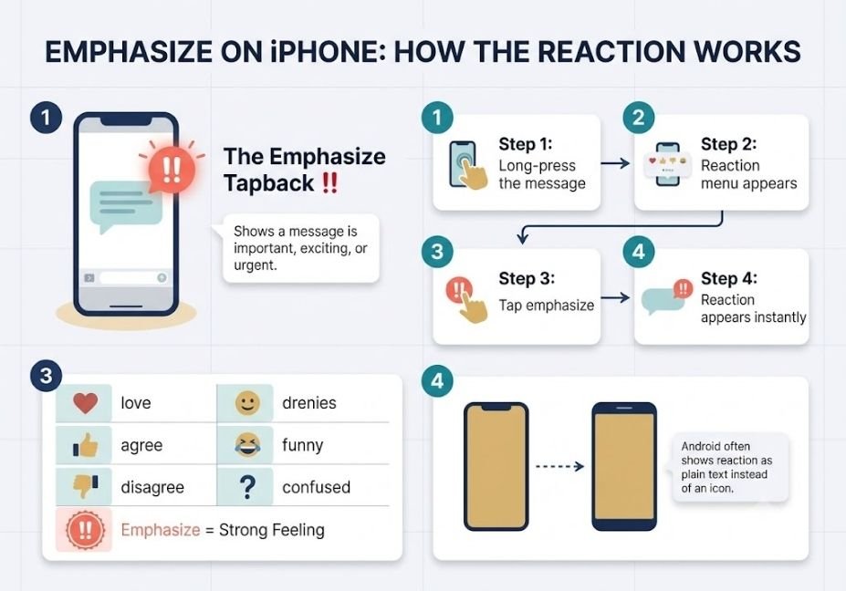 Infographic showing how the emphasize reaction works on iPhone, including the 4-step tap process and all six iMessage Tapback icons