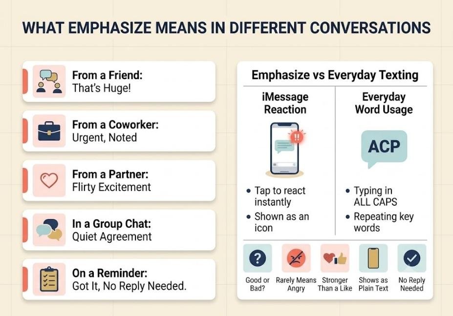 Infographic comparing what emphasize means from a friend, coworker, partner, and group chat, plus emphasize vs everyday texting usage