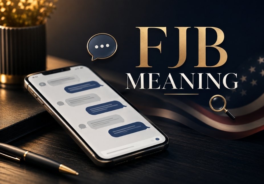 Smartphone glowing with chat bubbles beside bold calligraphic text reading FJB Meaning