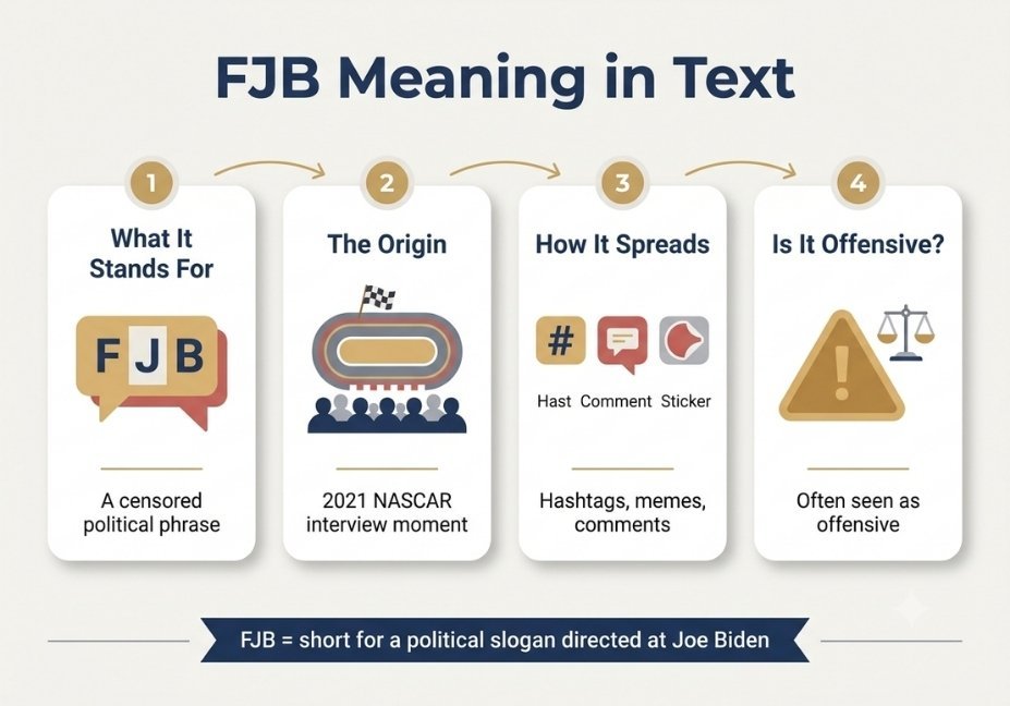 Infographic showing what FJB stands for, its NASCAR origin, how it spreads, and whether it's offensive