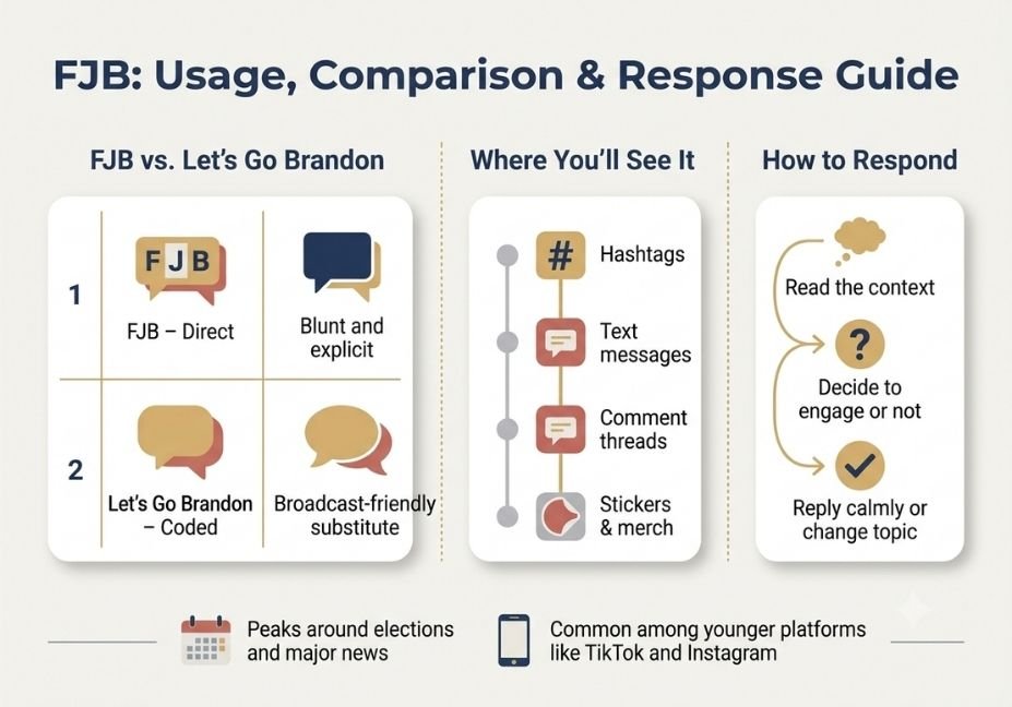 Infographic comparing FJB to Let's Go Brandon, showing where it's used, and how to respond to it
