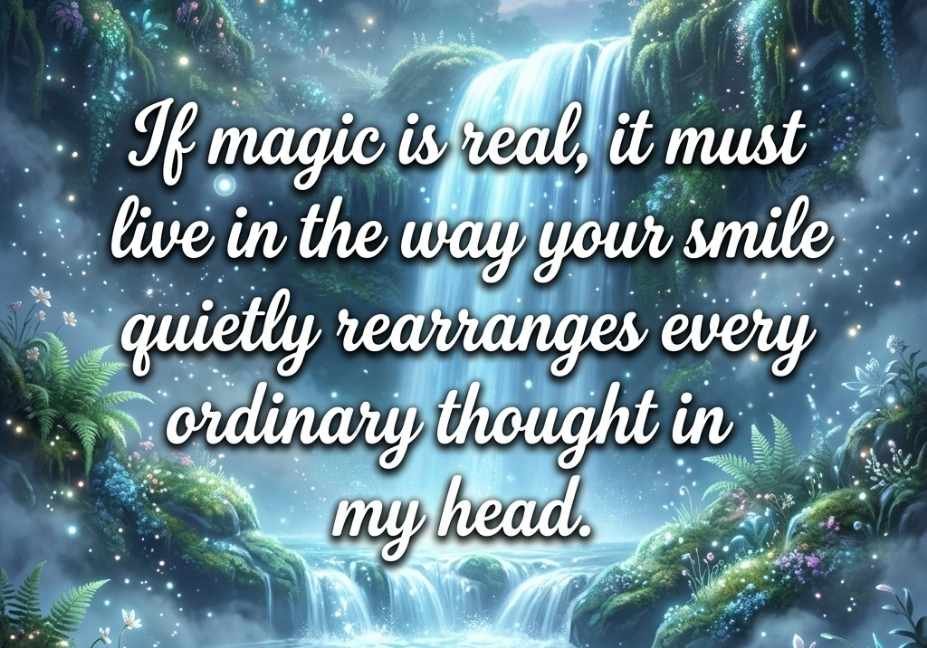 Fairy Pick Up Lines quote over a glowing enchanted waterfall with soft mist and pixie dust