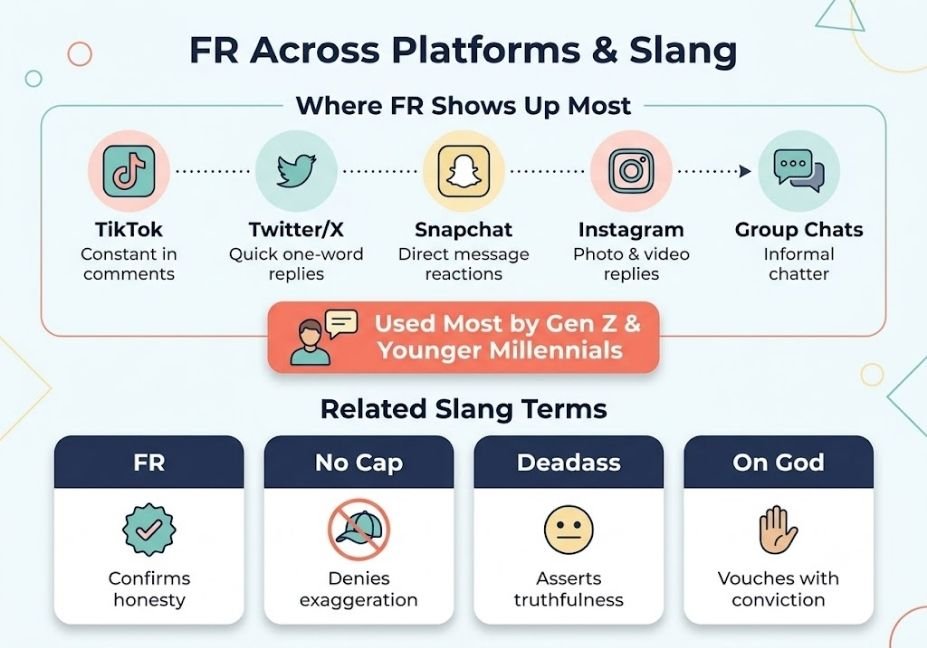Infographic comparing where FR is used most across social media platforms and related slang terms like no cap and deadass