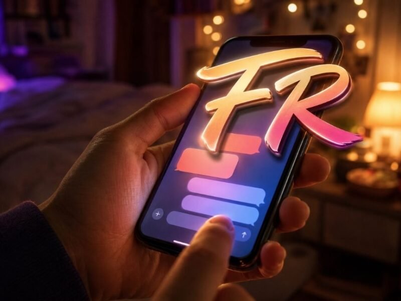 Person texting on smartphone at night with glowing "FR" calligraphy text overlay, representing the meaning of FR in text messages