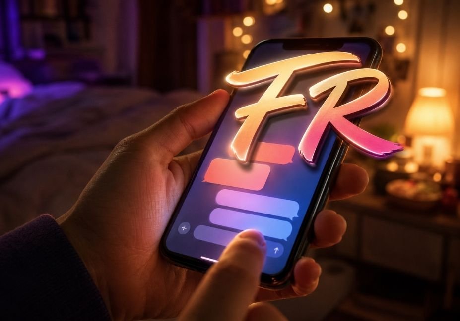 Person texting on smartphone at night with glowing "FR" calligraphy text overlay, representing the meaning of FR in text messages