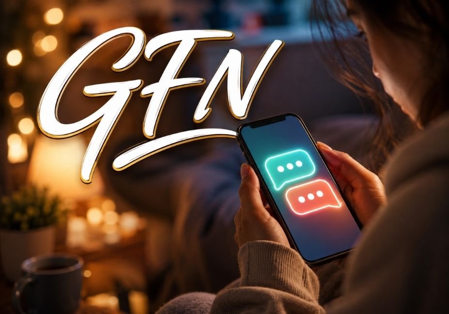 Person holding a smartphone with glowing chat bubbles and large GFN lettering, illustrating the meaning of GFN in text messaging and online chats.