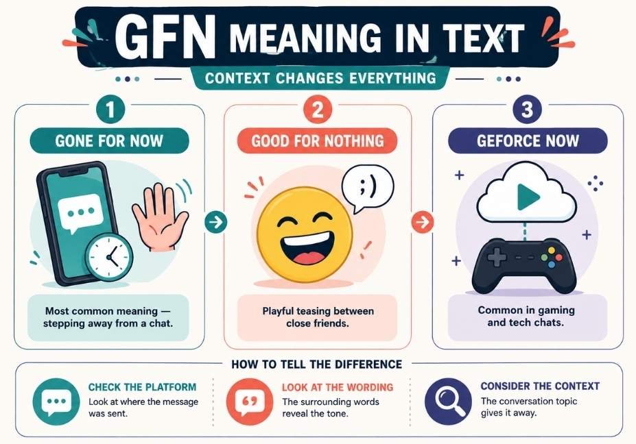 Flat infographic explaining what GFN means in text, including Gone For Now, Good For Nothing, and GeForce Now, with context tips and modern vector icons.