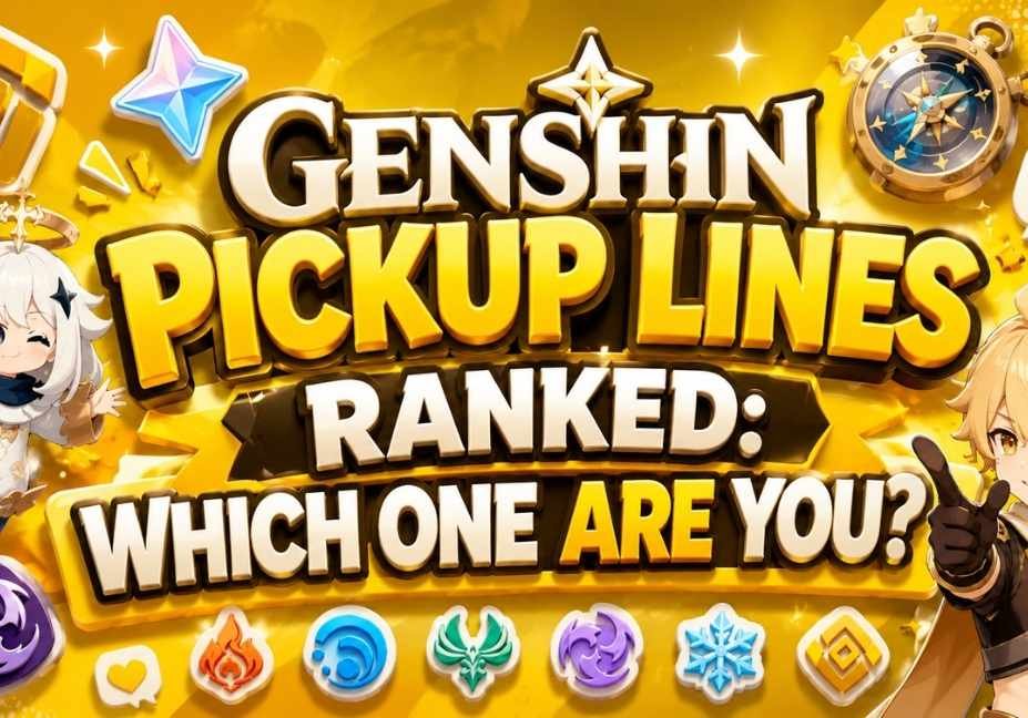 Genshin Impact pickup lines ranked in bold 3D yellow text with Paimon, Traveler, elemental icons, hearts, and fantasy gaming decorations.