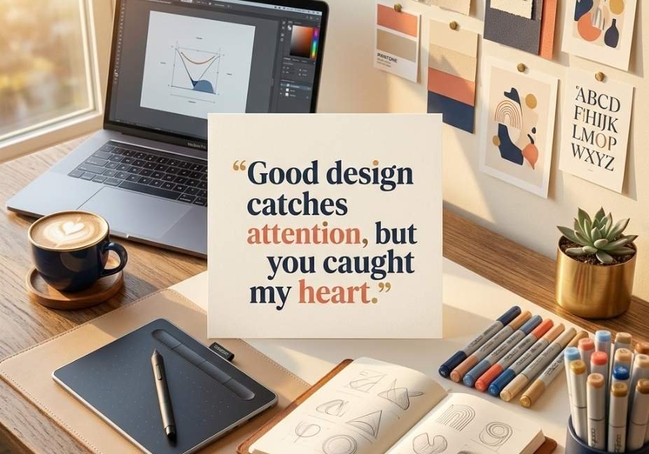 Graphic Designer Pick Up Lines with coffee and a creative workspace