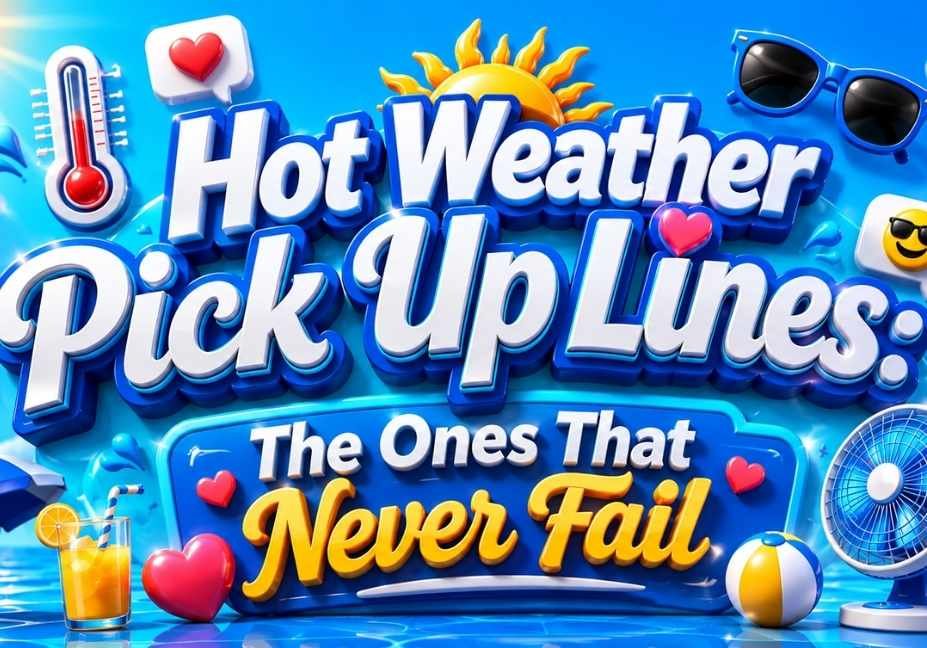 Hot Weather Pick Up Lines: The Ones That Never Fail” featuring bold 3D text, sunny sky-blue summer background, thermometer, sunglasses, beach umbrella, fan, hearts, beach ball, and refreshing drink icons.