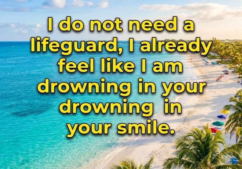 Hot Weather Pick Up Lines beach-themed image with turquoise water and lifeguard pickup line