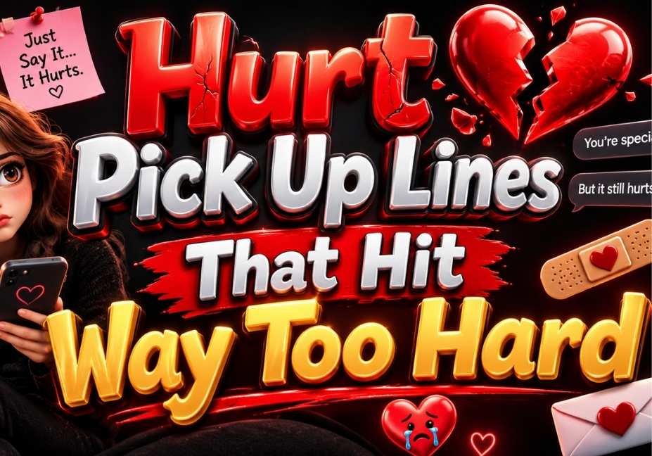 Hurt Pick Up Lines That Hit Way Too Hard featuring glossy 3D text, broken hearts, romantic icons, and a dark black theme.