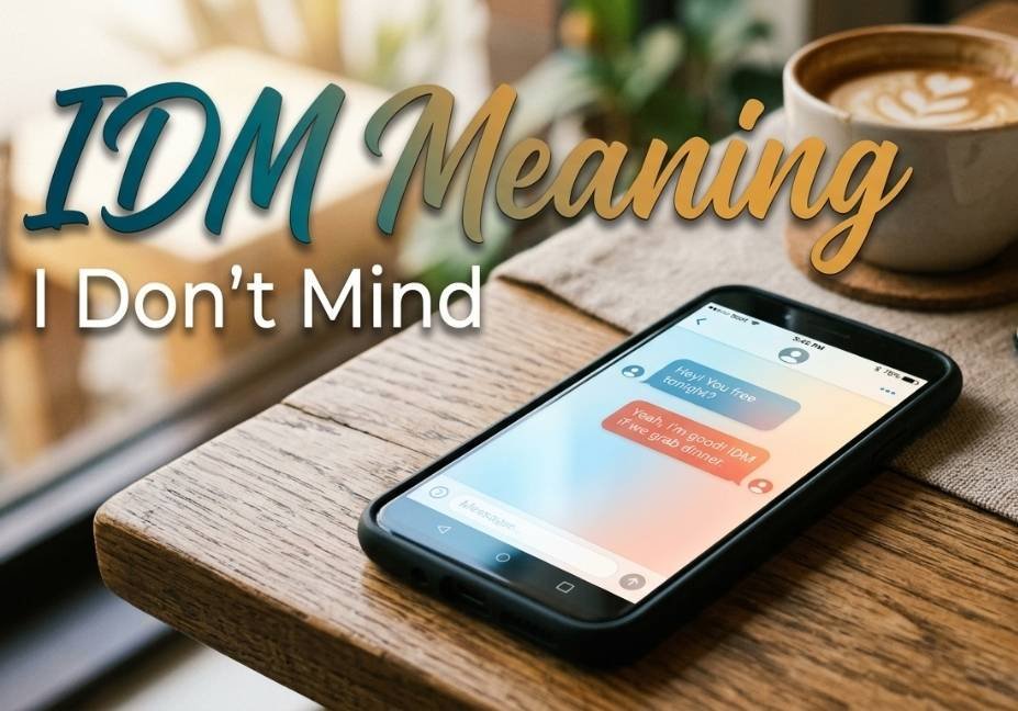 Smartphone showing a glowing text message conversation with bold calligraphic "IDM Meaning" text overlay on a warm wooden desk