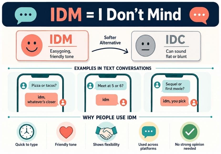 Infographic explaining IDM texting abbreviation meaning, comparing IDM to IDC with example chat conversations