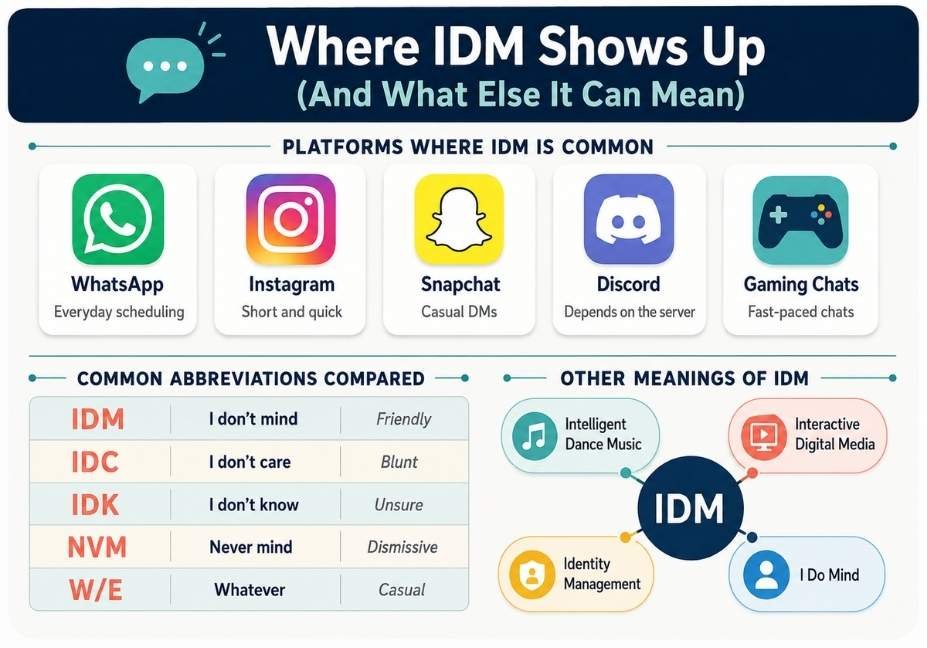 Infographic showing where IDM is used across WhatsApp, Instagram, Snapchat, Discord, and gaming, plus a comparison table of similar texting abbreviations