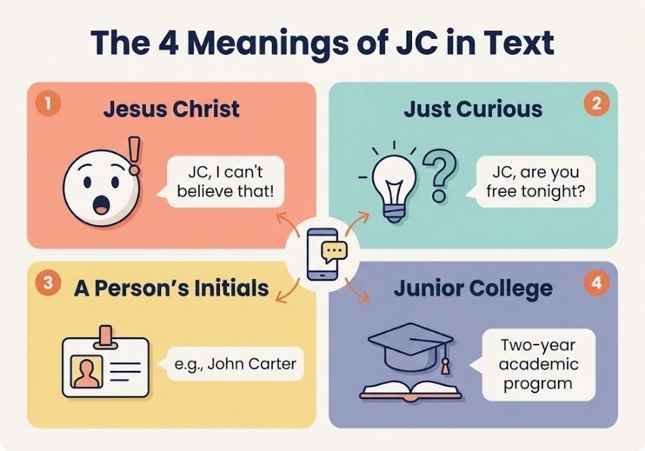 Infographic showing the 4 meanings of JC in text with icons and examples