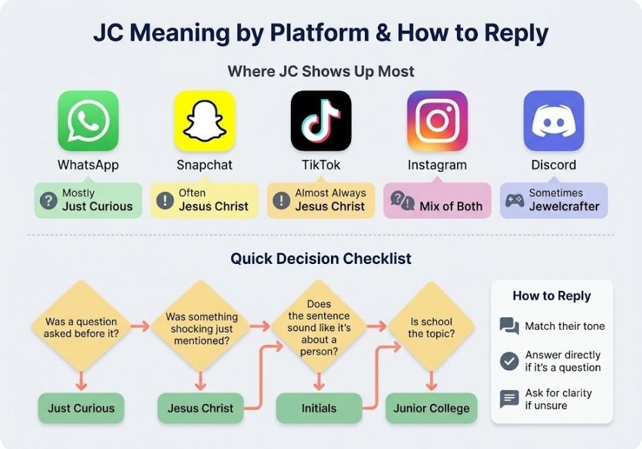 Infographic on JC meaning in text by platform with a reply decision flowchart
