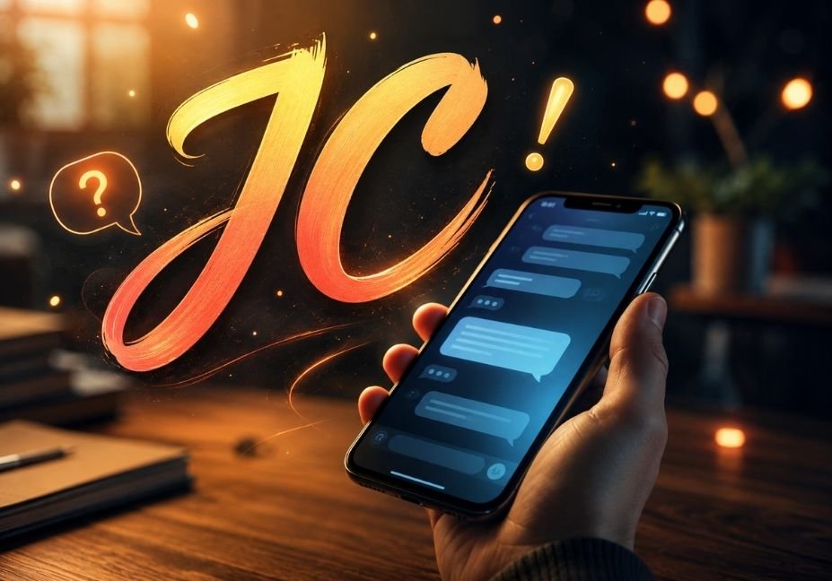 JC meaning in text shown through bold calligraphy on a glowing smartphone screen