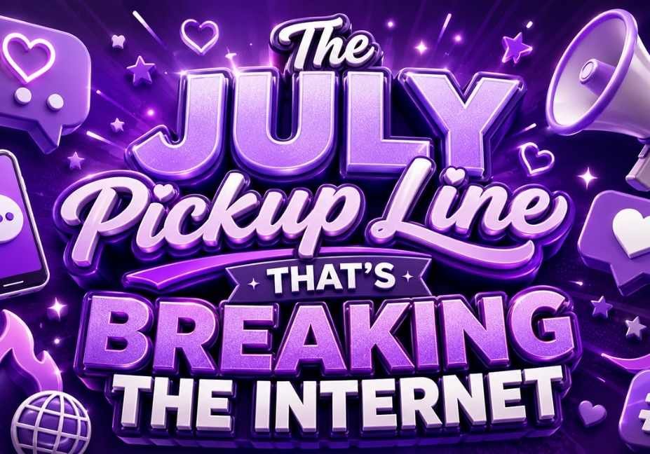 3D violet-themed graphic featuring bold text “The July Pickup Line That’s Breaking the Internet” with social media icons, hearts, smartphone, megaphone, hashtag, and trending internet symbols on a glowing purple background.