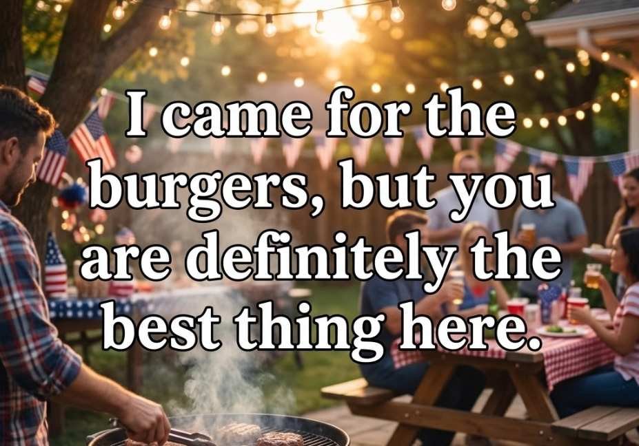 Backyard Fourth of July barbecue scene featuring a funny July pickup lines caption about burgers and flirting.