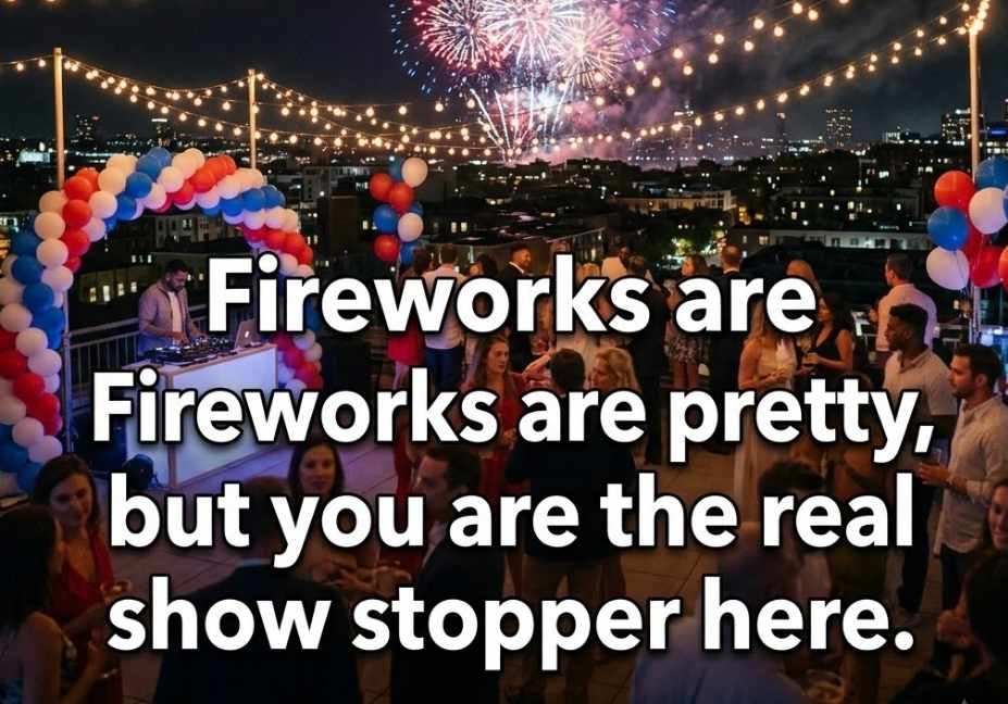 Rooftop Fourth of July party with fireworks and a bold July pickup lines quote about being the real show stopper.