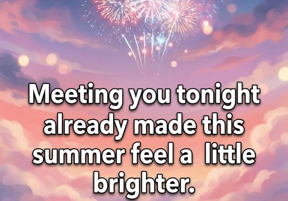 Dreamy pastel firework sky with a soft July pickup lines caption about summer feeling brighter.