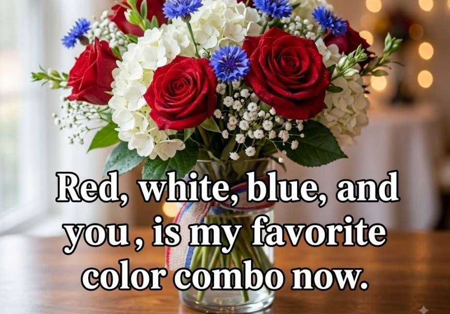Red, white, and blue floral table setting with a romantic July pickup lines quote about favorite color combos.