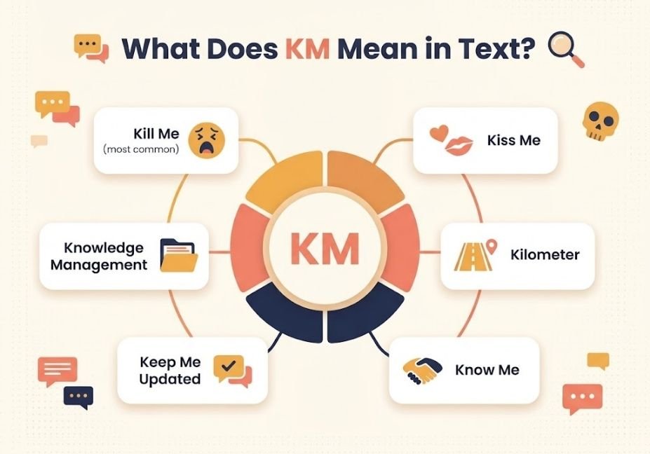 Infographic showing the six possible meanings of KM in text messages